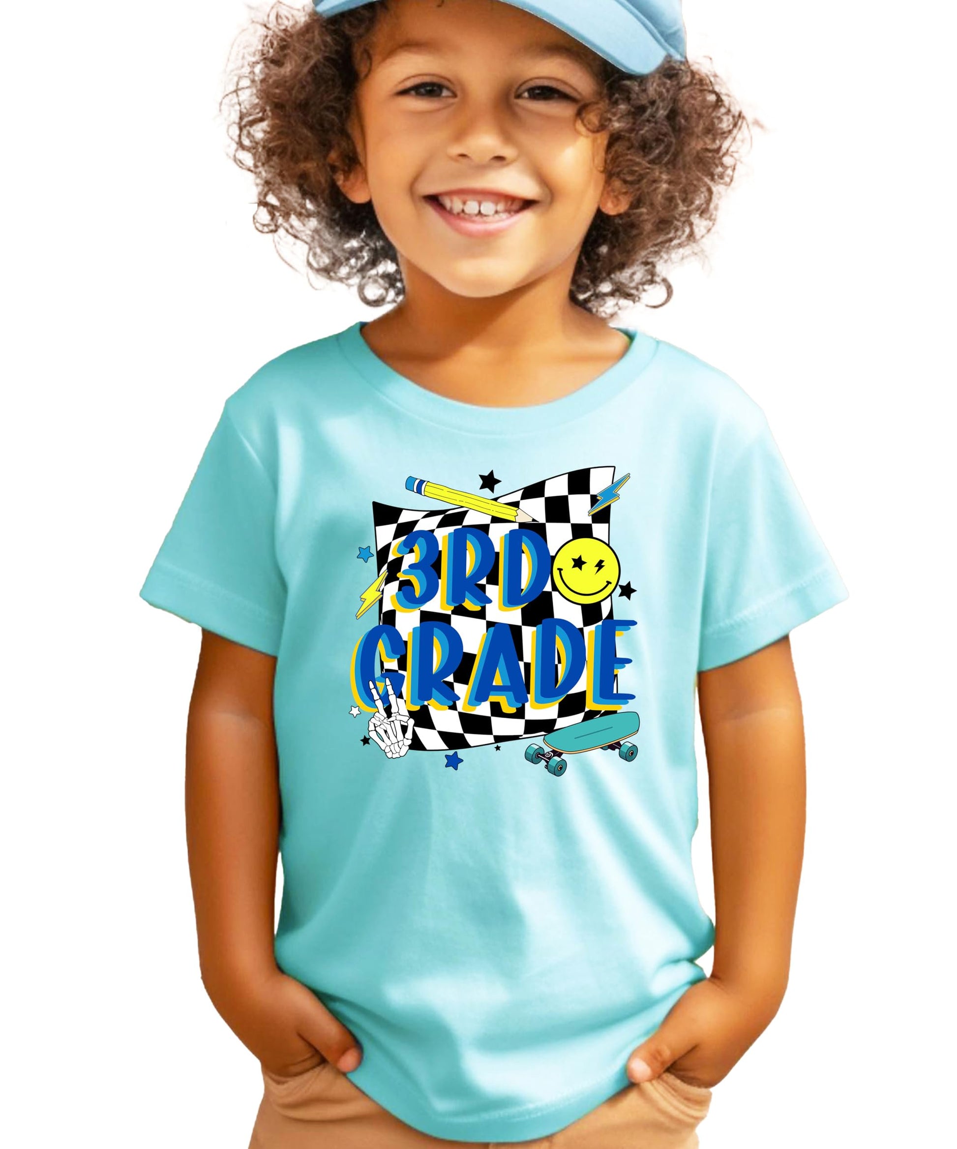 Boys wearing retro 3rd grade skateboard tee, full body view showing relaxed fit