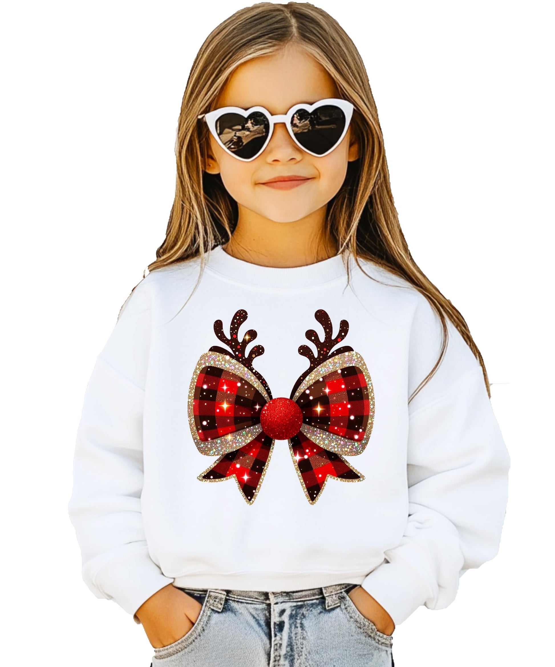 Flat lay of red and black check Christmas bow reindeer antlers tee showing full graphic design