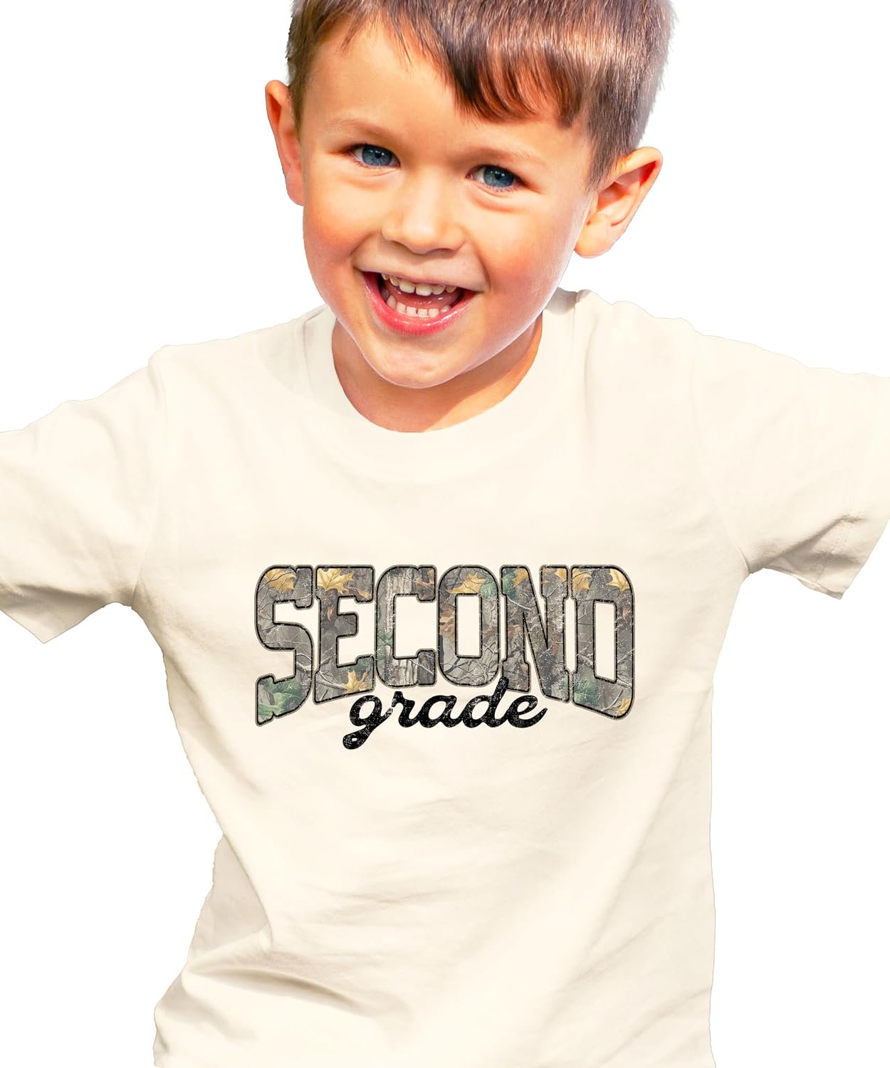 Close-up of woodland camo leaf print lettering on kids second grade back to school graphic tee