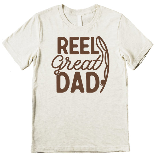Reel Great Dad vintage-style fishing graphic t-shirt in red, front view