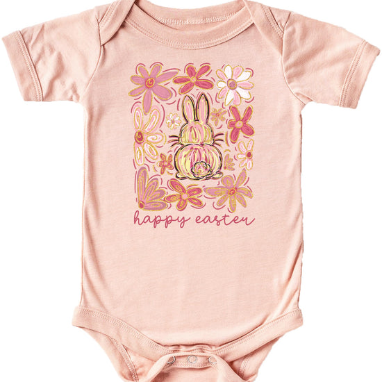 Close-up of Easter floral bunny print on a natural baby one-piece bodysuit