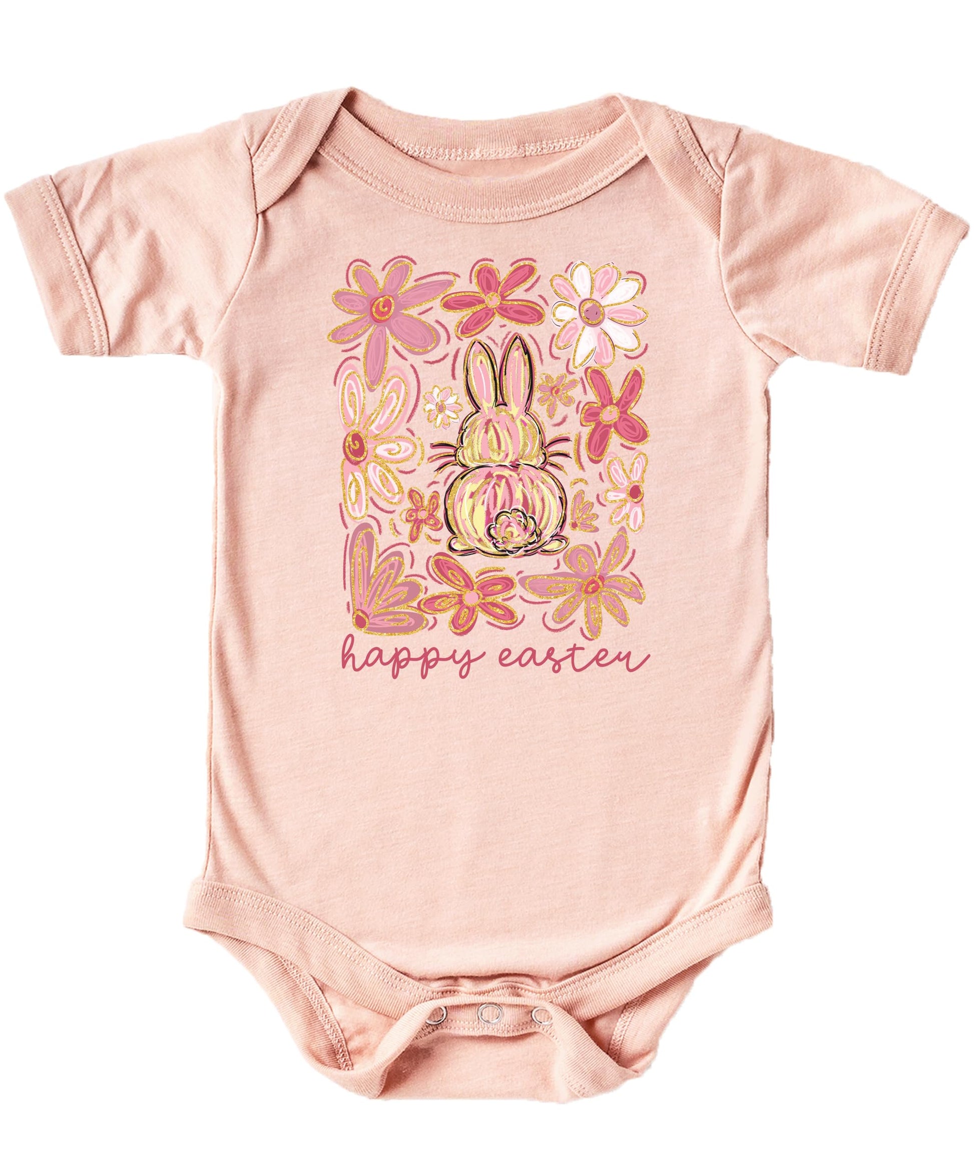 Close-up of Easter floral bunny print on a natural baby one-piece bodysuit