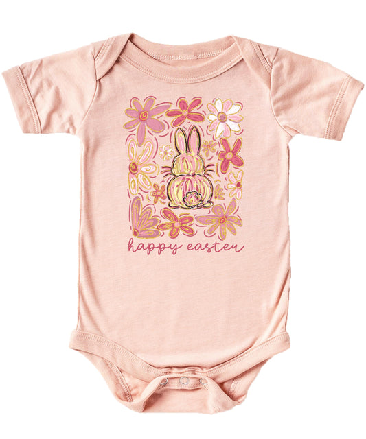 Close-up of Easter floral bunny print on a natural baby one-piece bodysuit