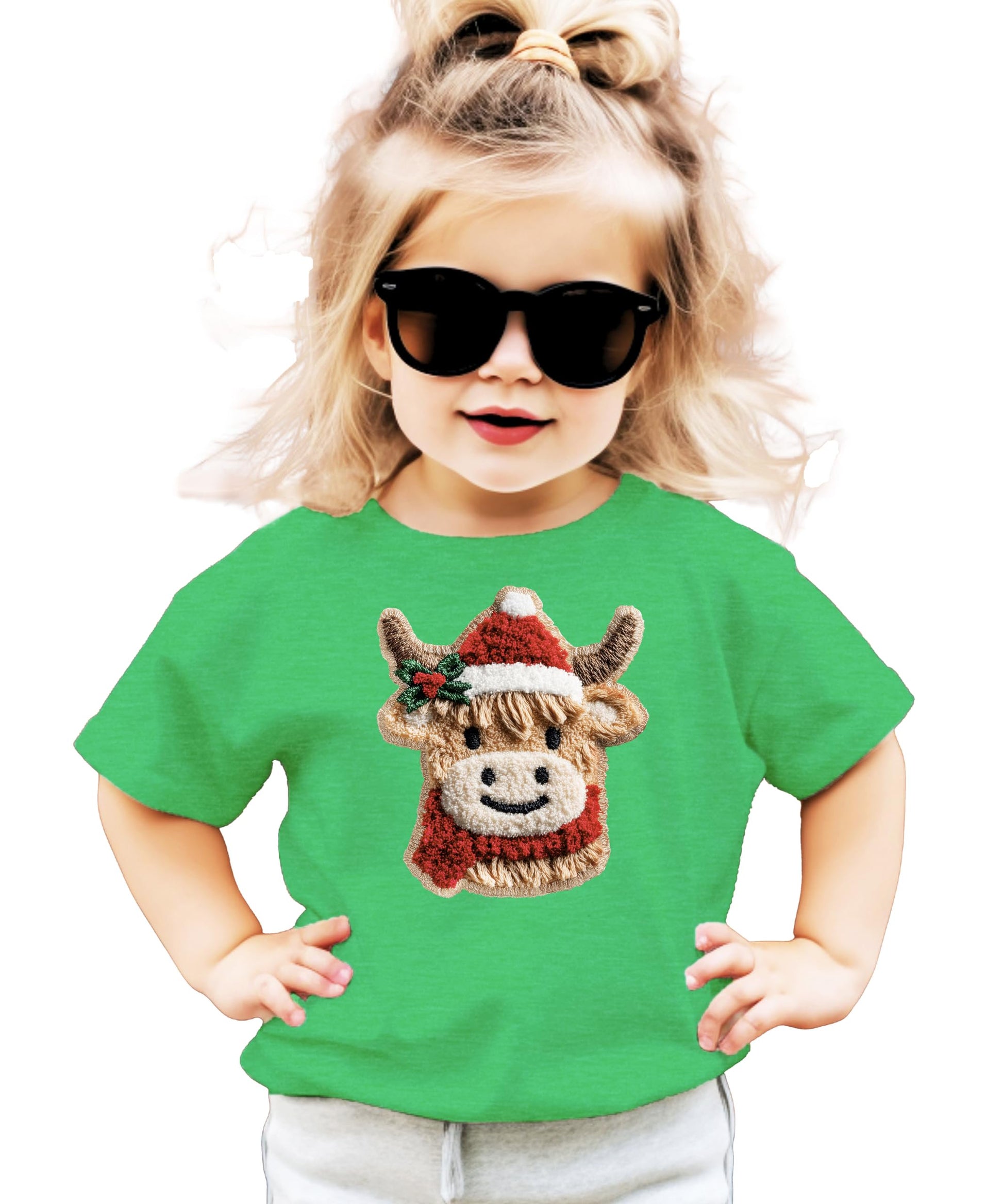 Front view of kids holiday graphic tee featuring a cozy cow in Santa hat on vintage red shirt