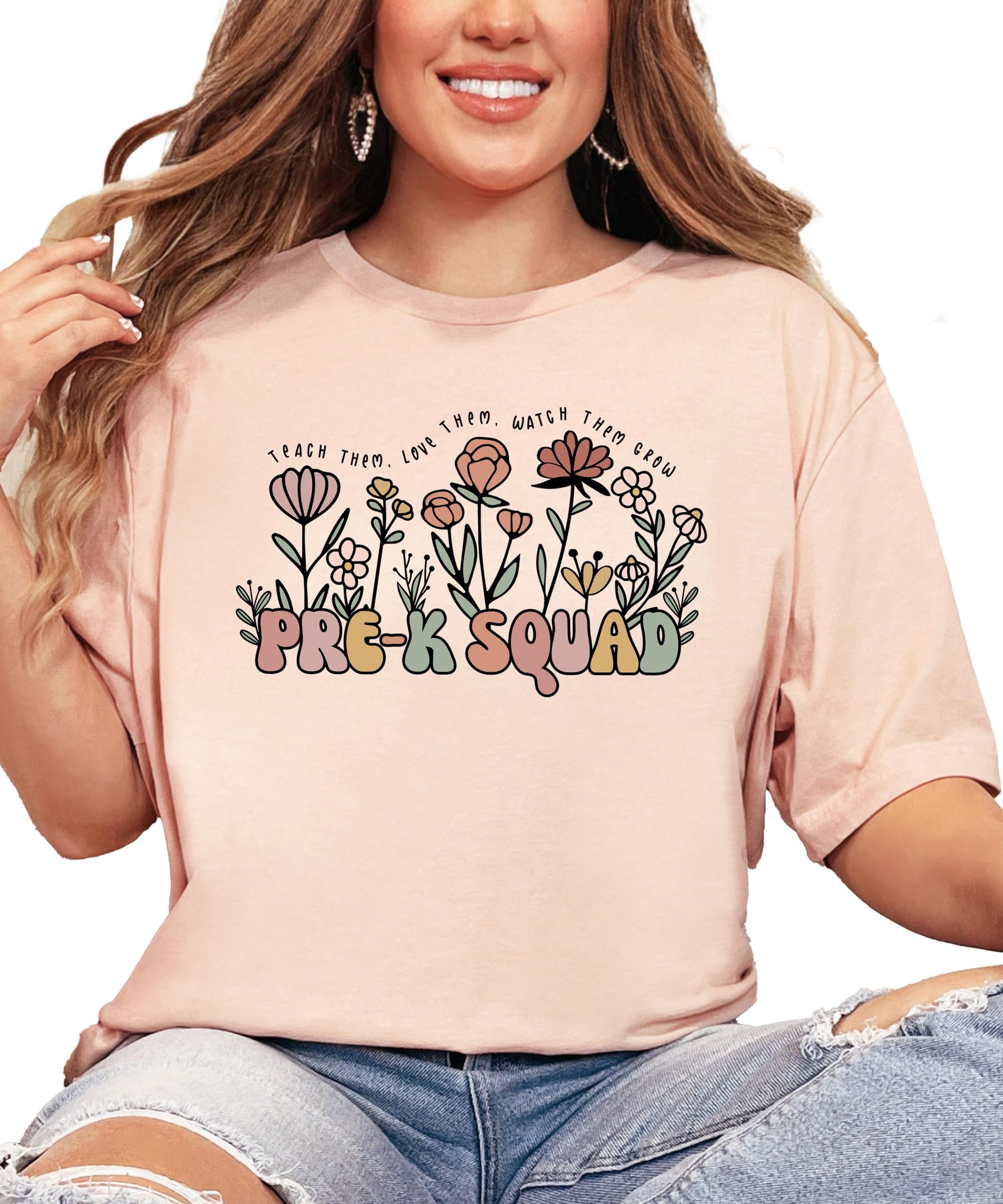 Back or side view of Pre-K Squad women's graphic teacher t-shirt in peach