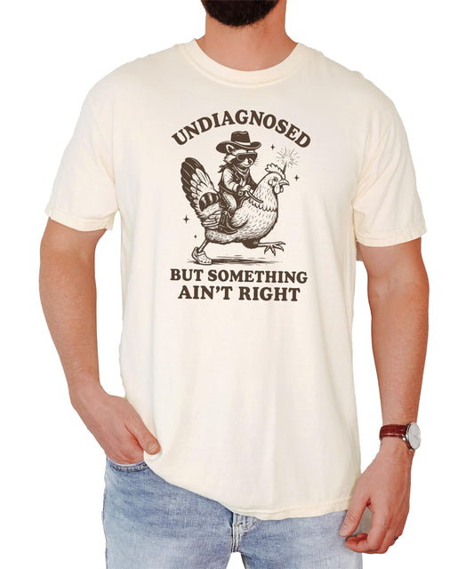 Product flat lay of blue jean colored shirt with raccoon humor graphic design