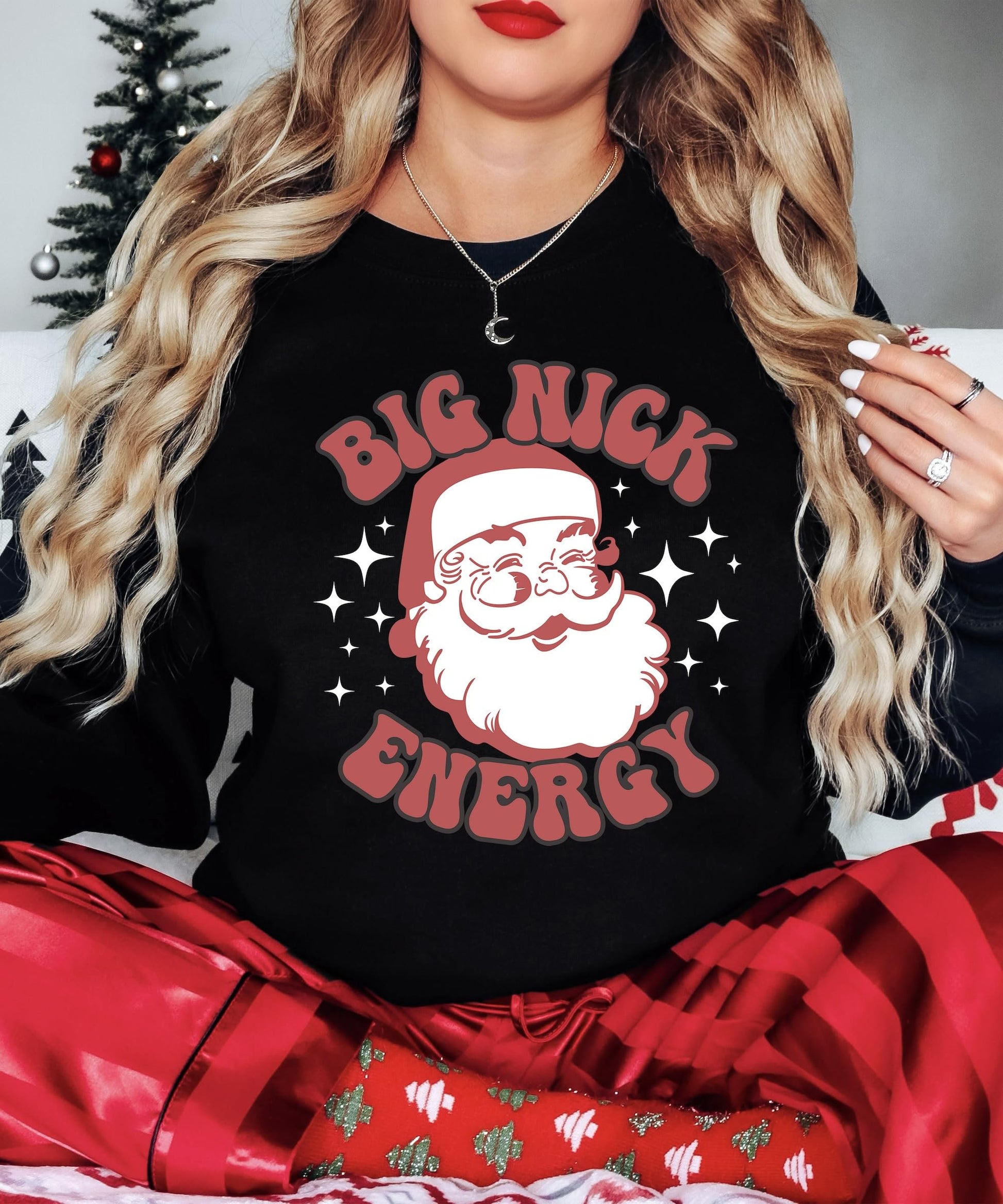 Back or alternate view of Olive Loves Apple Big Nick Energy Santa Christmas sweatshirt