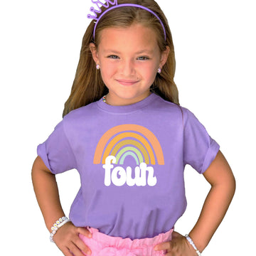 Full view of toddler girls fourth birthday shirt with retro rainbow design
