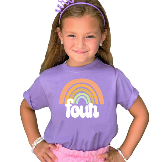 Full view of toddler girls fourth birthday shirt with retro rainbow design