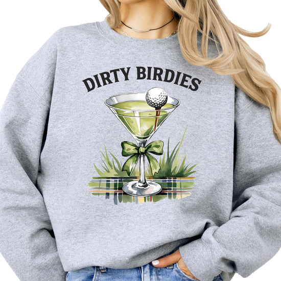 Front view of Dirty Birdies funny golf pullover sweatshirt for women in white