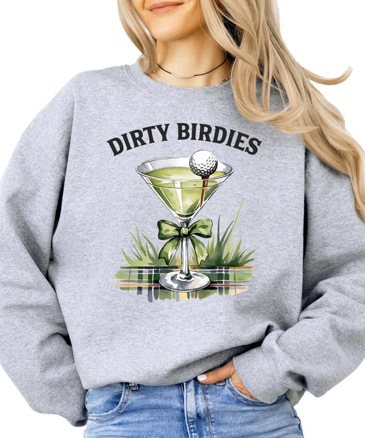 Front view of Dirty Birdies funny golf pullover sweatshirt for women in white