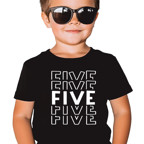 Youth raglan style fifth birthday shirt with bold explosion graphic in white on military green