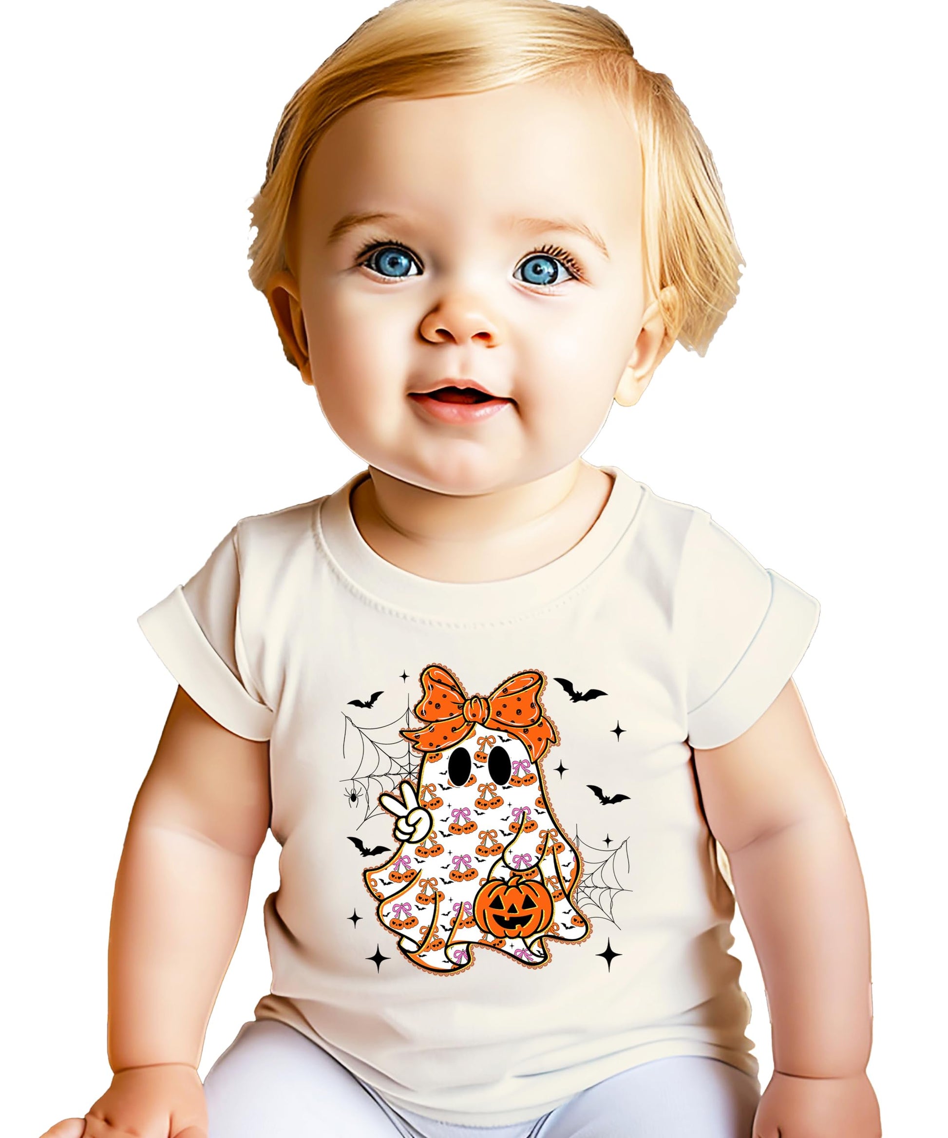 Flat lay of natural kids Halloween tee featuring a spooky cute ghost with an orange bow