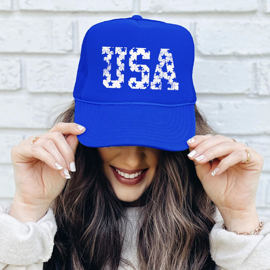 Distressed USA Trucker Hat for Women and Teens American Stars Classic 5 Panel Mesh Snapback