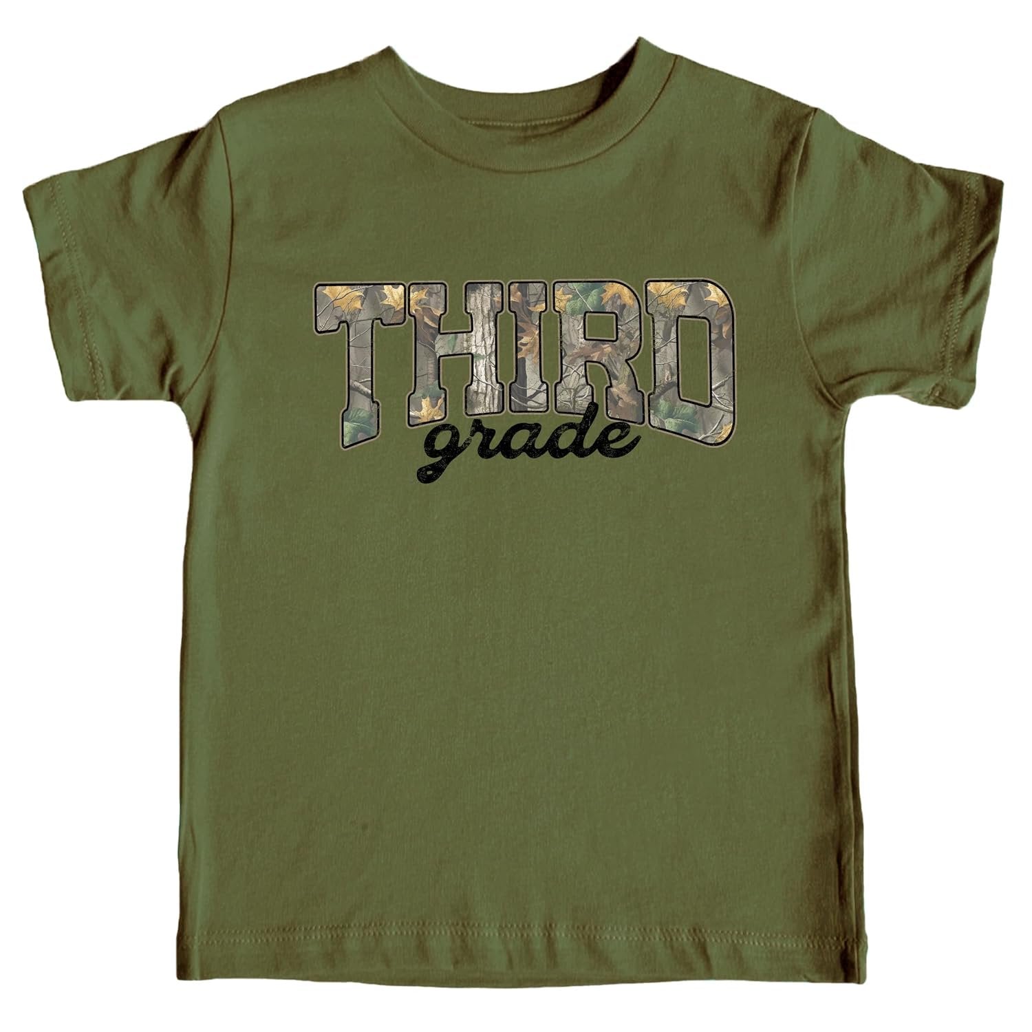 Kids third grade camo graphic tee with bold varsity lettering and woodland camouflage leaf print