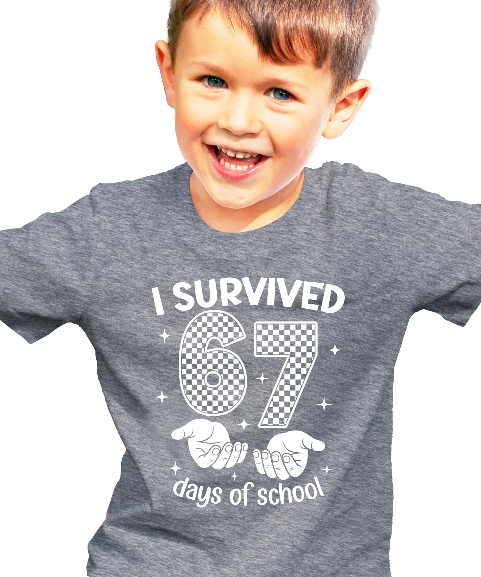 Close-up of 67 Days of School funny meme graphic print on kids tee