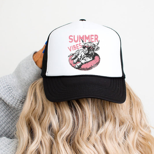 Summer Vibes Floating Highland Cow Classic 5 Panel Mesh Foam Front Trucker Hat Snap Back
