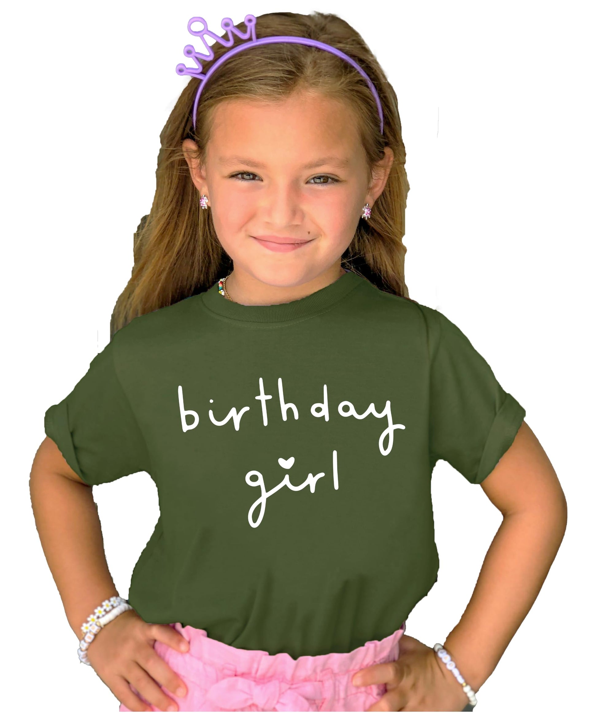 Flat lay of military green kids birthday shirt with white heart Birthday Girl design