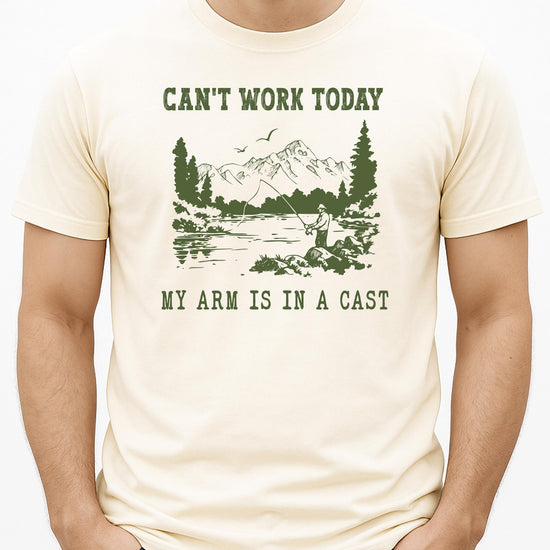 Front view of humorous fishing graphic tee on natural shirt — great gift for fishermen and outdoorsmen