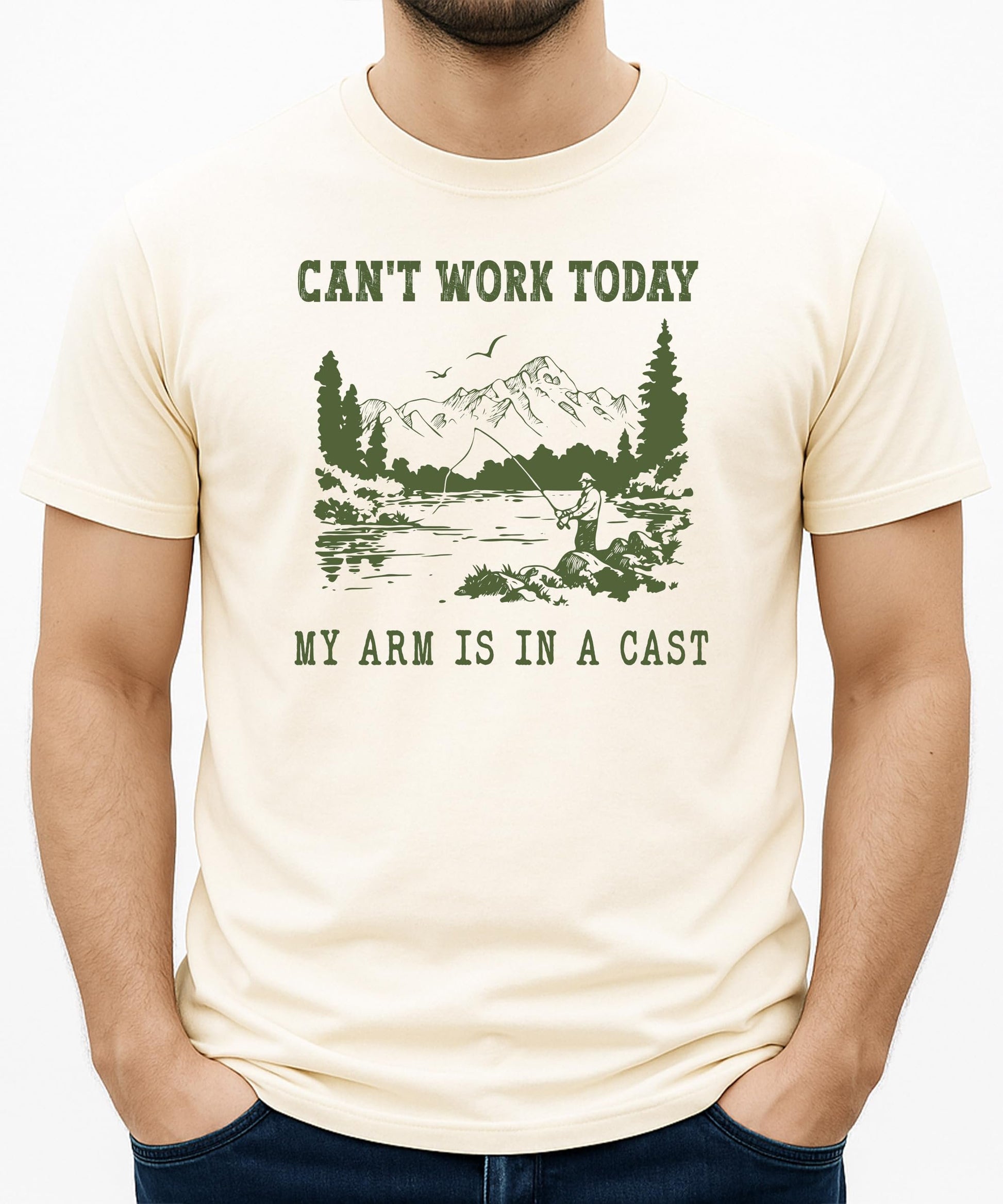 Front view of humorous fishing graphic tee on natural shirt — great gift for fishermen and outdoorsmen