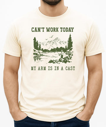 Front view of humorous fishing graphic tee on natural shirt — great gift for fishermen and outdoorsmen