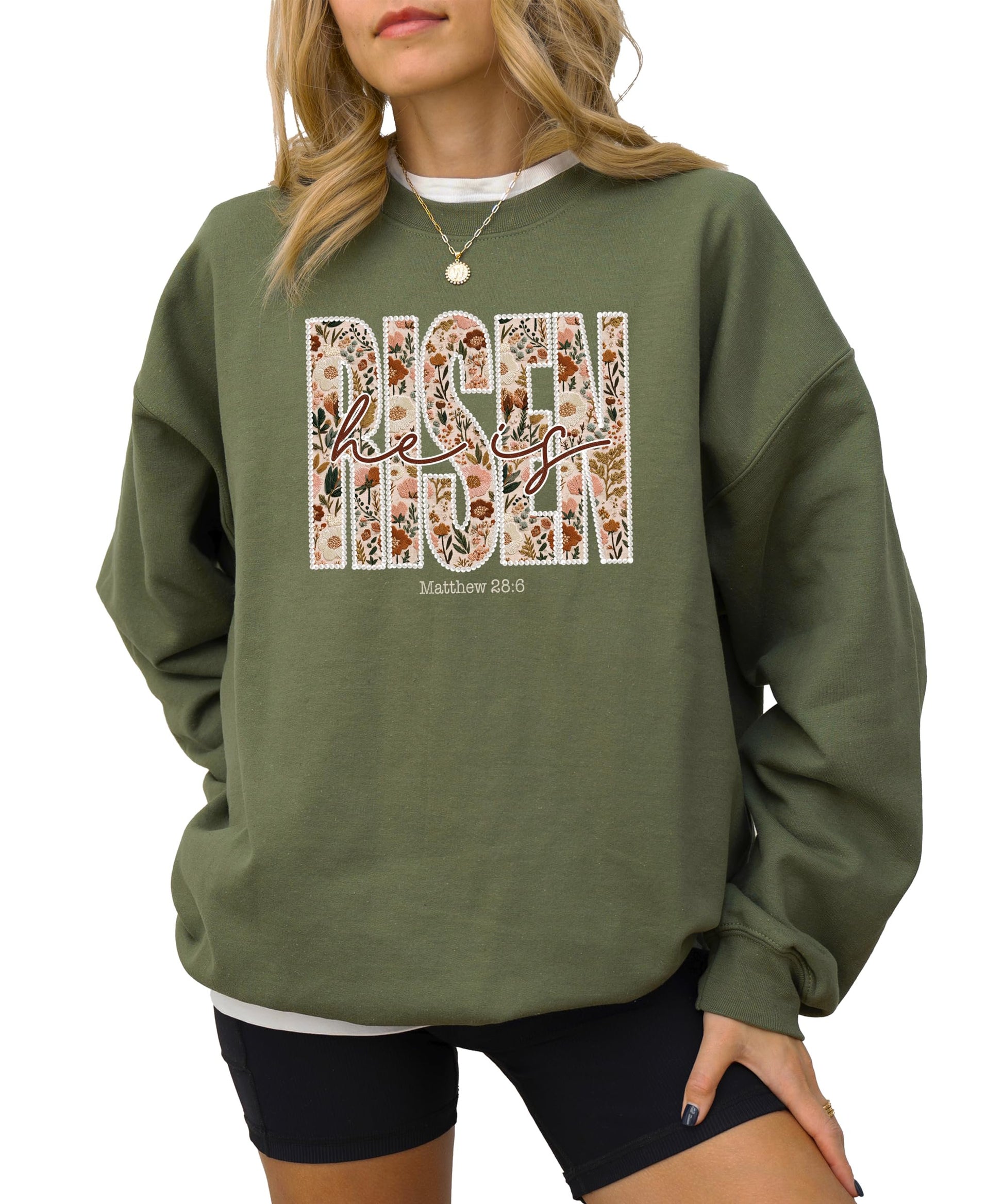 Women's army green He Is Risen sweatshirt with ink-printed floral pearl design inspired by Matthew 28:6