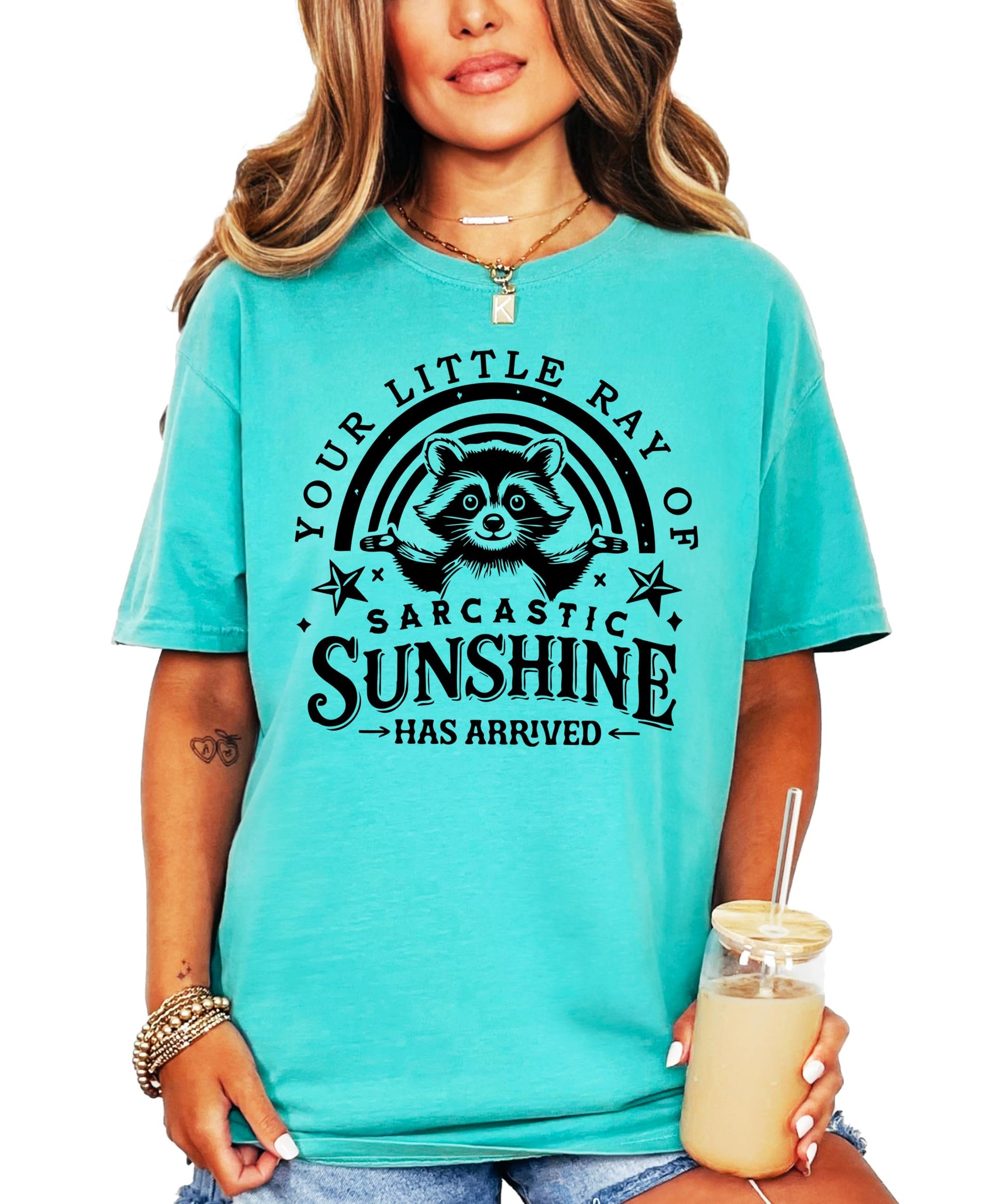 Product mockup showing ivory raccoon sarcastic sunshine t-shirt design