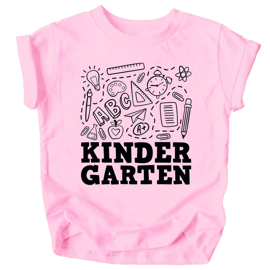 Kids kindergarten first day back to school graphic tee in pink with cheerful print