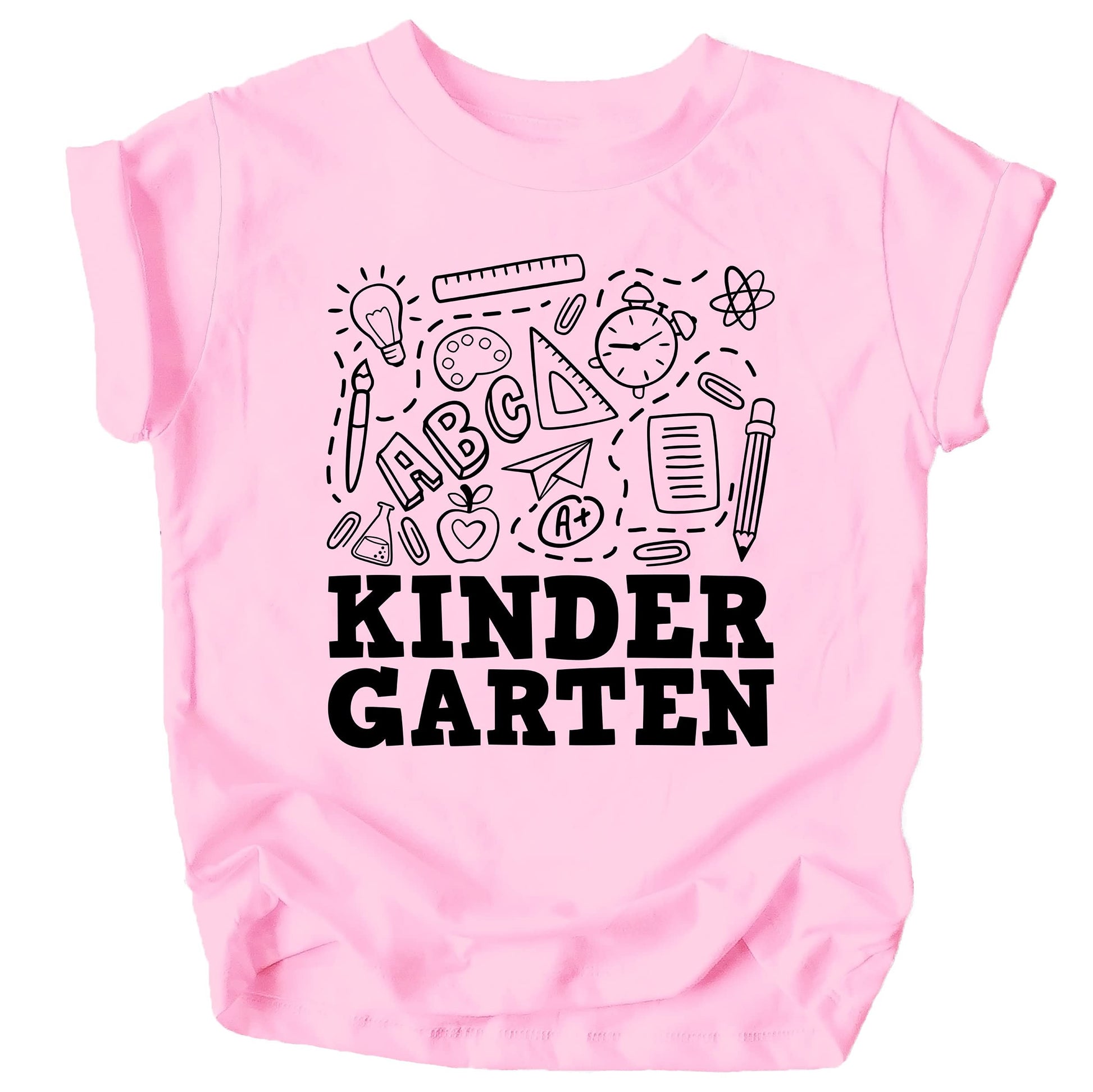 Kids kindergarten first day back to school graphic tee in pink with cheerful print
