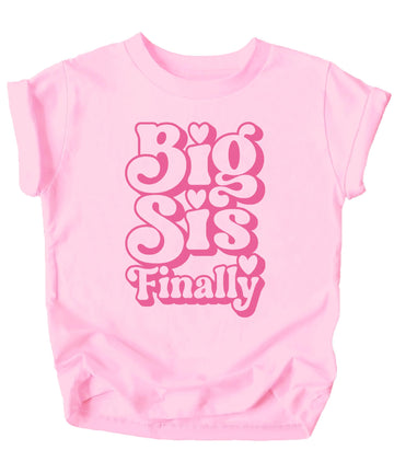 Girly Big Sis Finally Shirt for Toddlers & Kids Pink Retro Heart Big Sister Sibling Tee for Girls Pink Shirt Youth Large