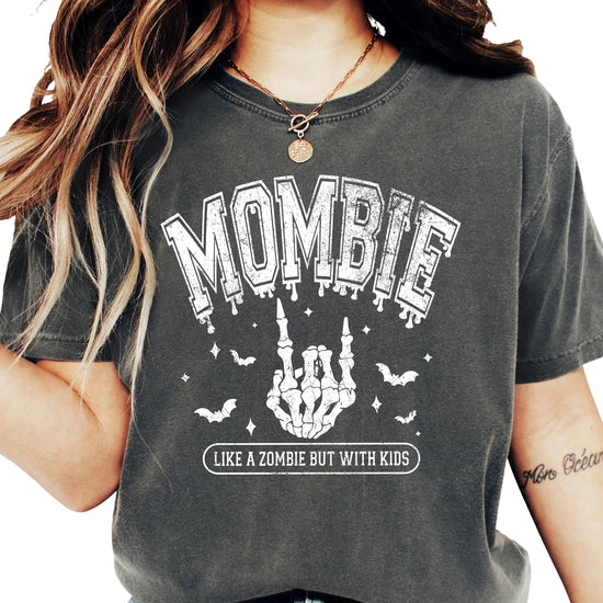 Side or lifestyle view of Mombie funny women's Halloween tee from Olive Loves Apple
