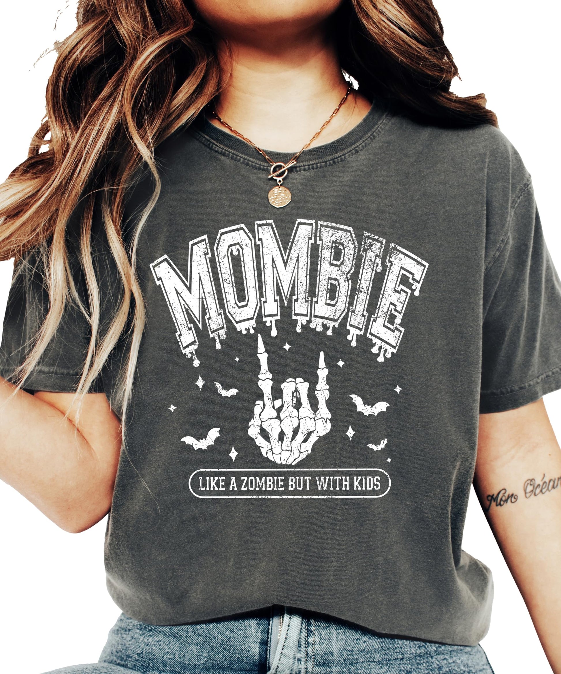 Side or lifestyle view of Mombie funny women's Halloween tee from Olive Loves Apple