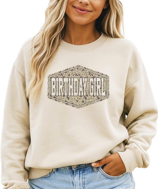 Olive Loves Apple Birthday Girl Sweatshirt for Girls and Women - Camo Birthday Outfit Pullover