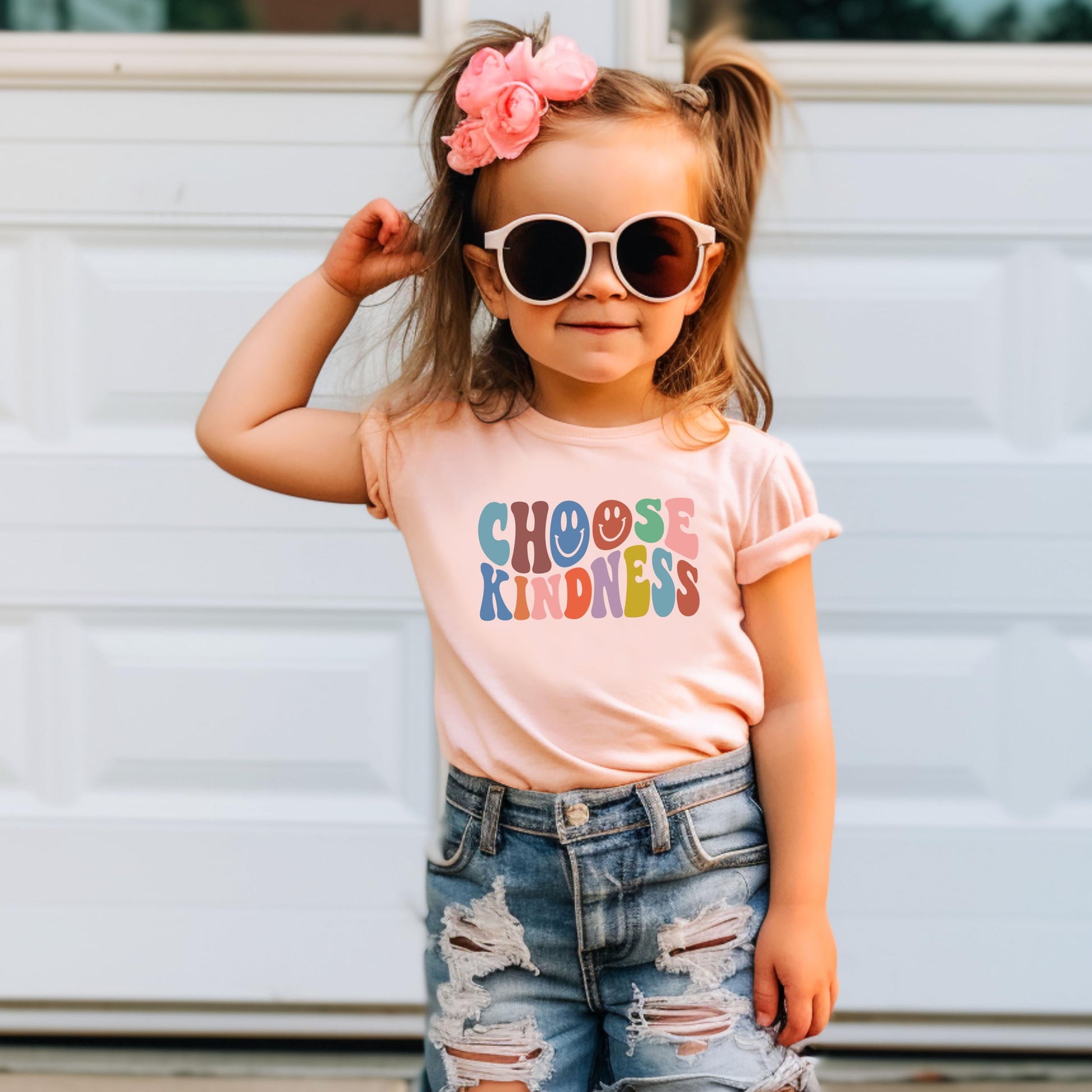 Choose Kindness colorful kids shirt styled for toddler girl outfit