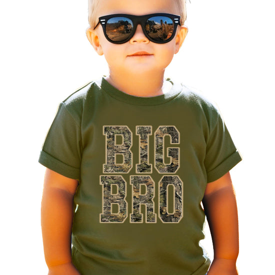 Detail shot of Big Bro camo tee fabric and print quality, soft and lightweight boys graphic shirt