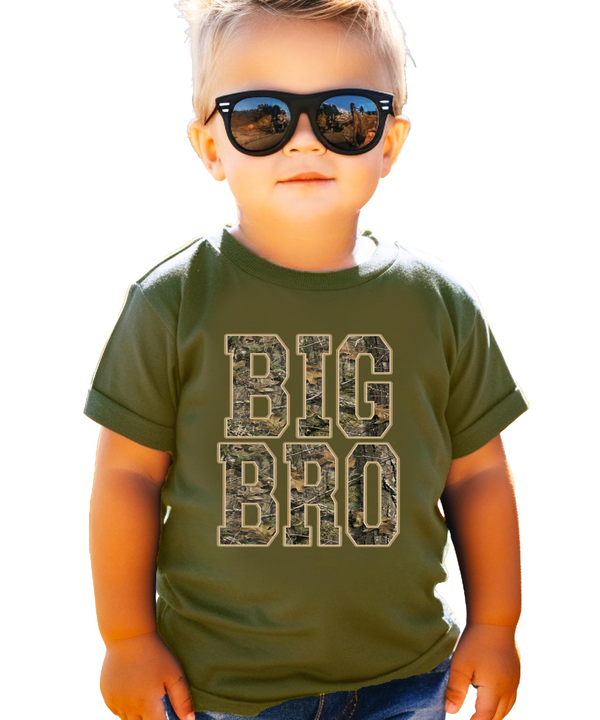Detail shot of Big Bro camo tee fabric and print quality, soft and lightweight boys graphic shirt