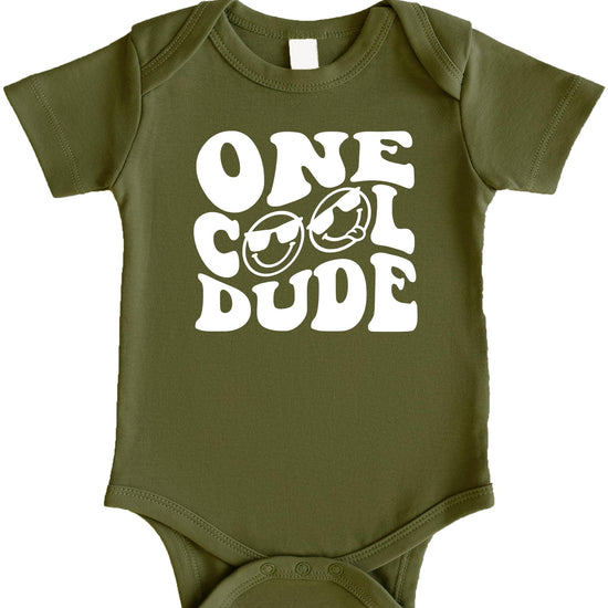 One Cool Dude boys 1st birthday shirt detail showing vibrant USA-printed retro graphic
