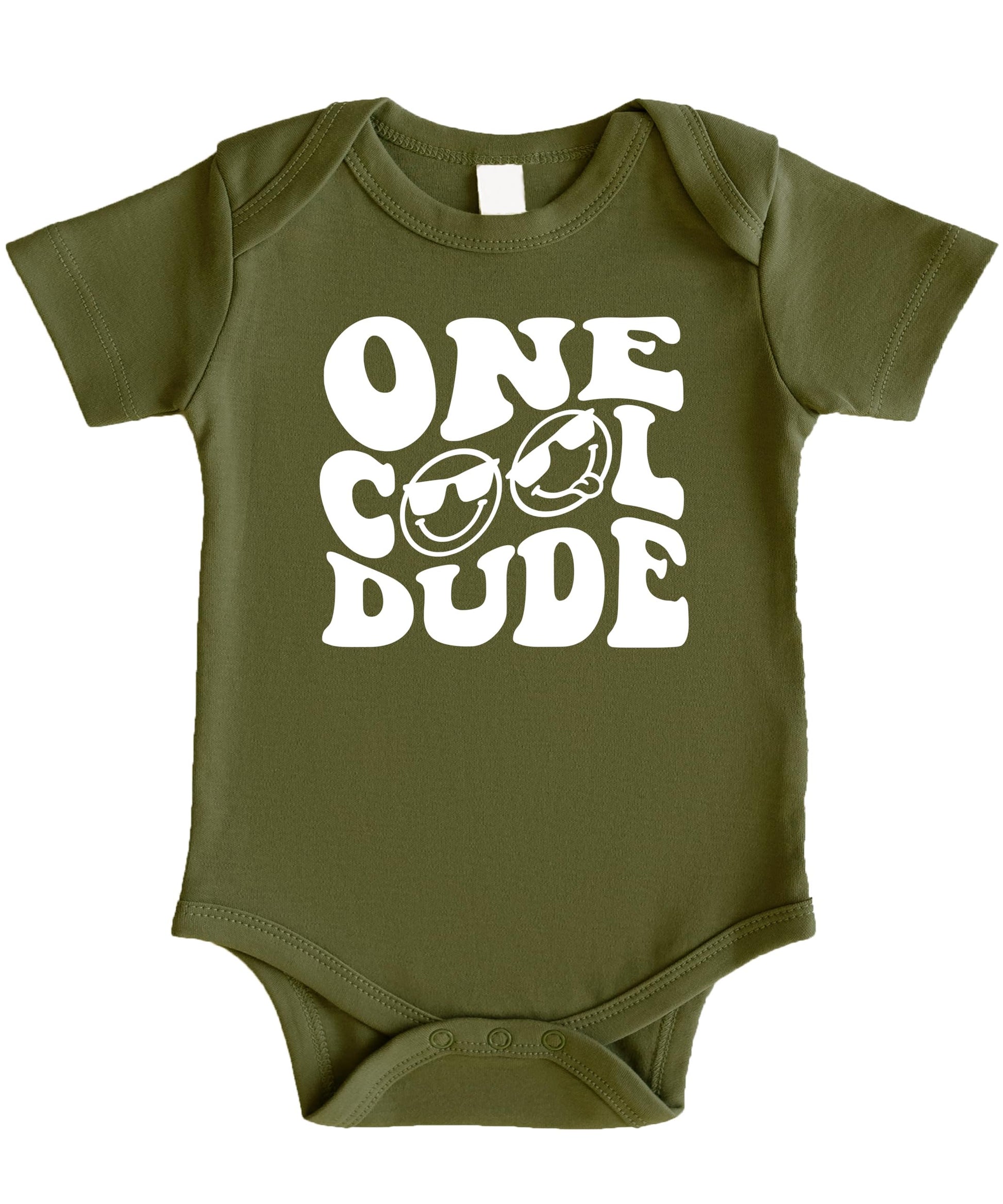 One Cool Dude boys 1st birthday shirt detail showing vibrant USA-printed retro graphic