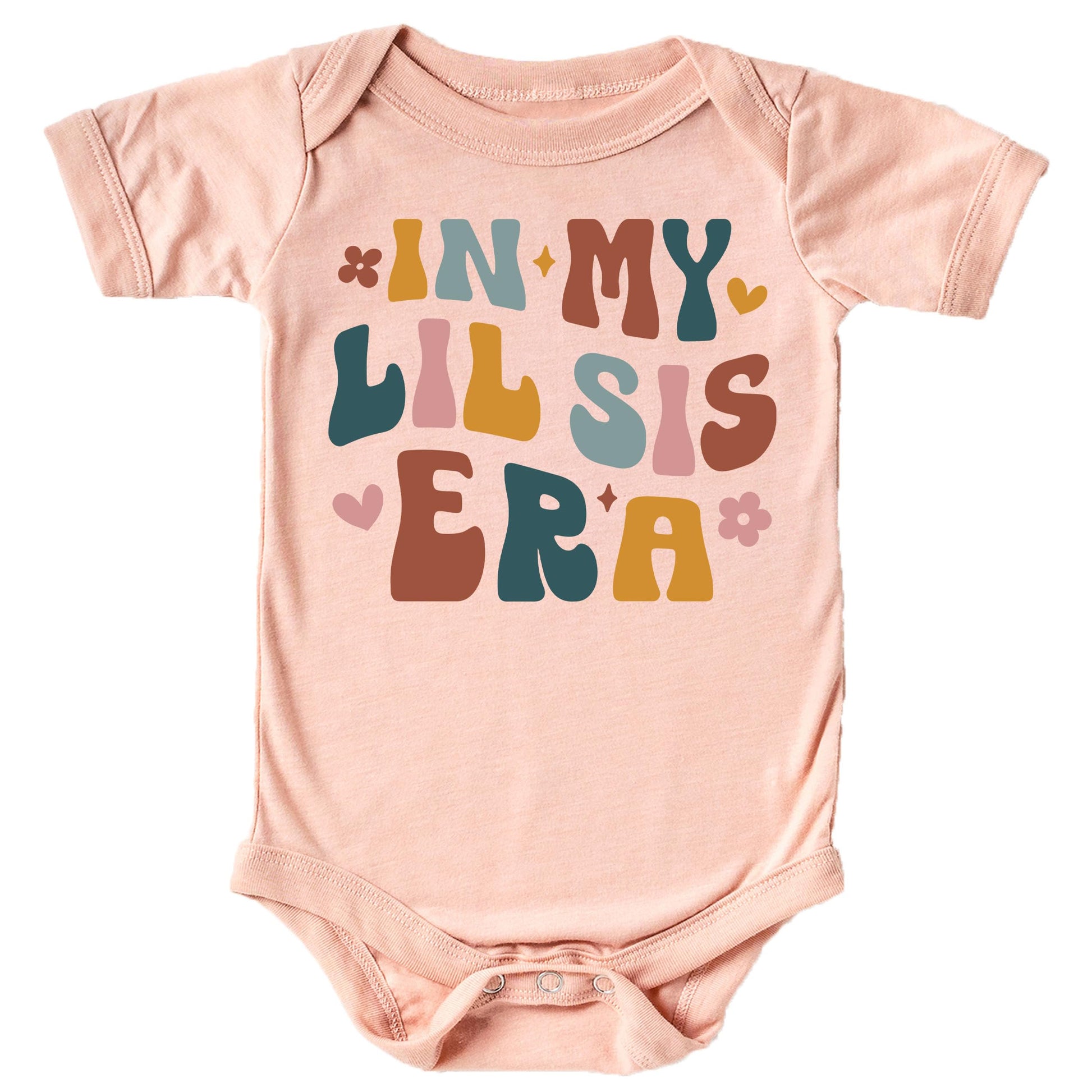 Little Sister Era baby bodysuit close-up showing vibrant graphic print detail