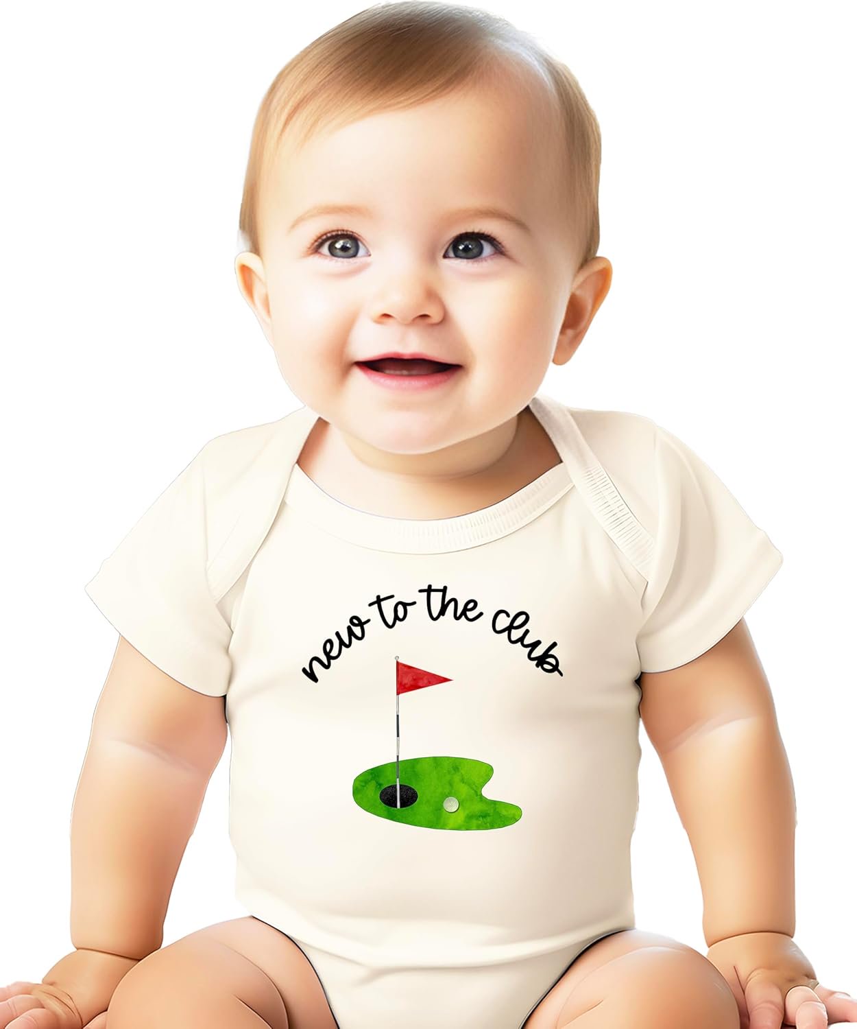 Front view of New to the Club golf bodysuit on a flat lay showing hand-illustrated golf design