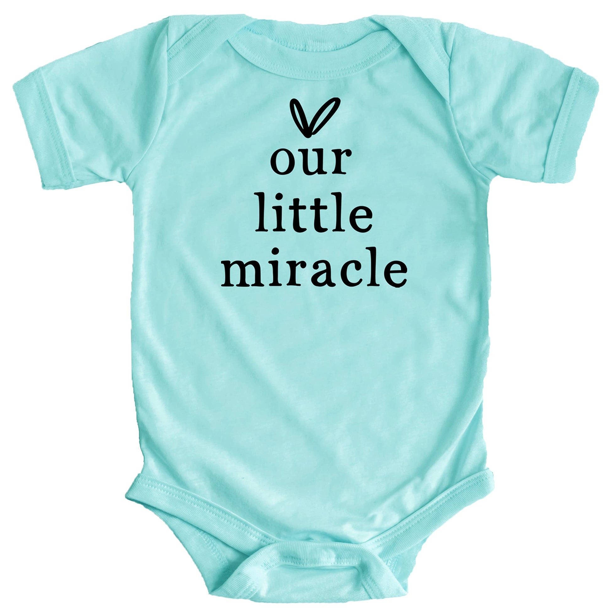 Our Little Miracle heart graphic infant bodysuit in white print on military green, front view