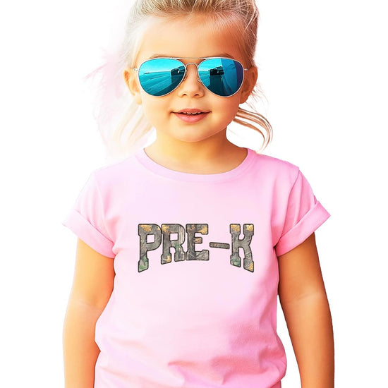 Close-up of PRE-K camo leaf letter print on soft cotton back-to-school tee