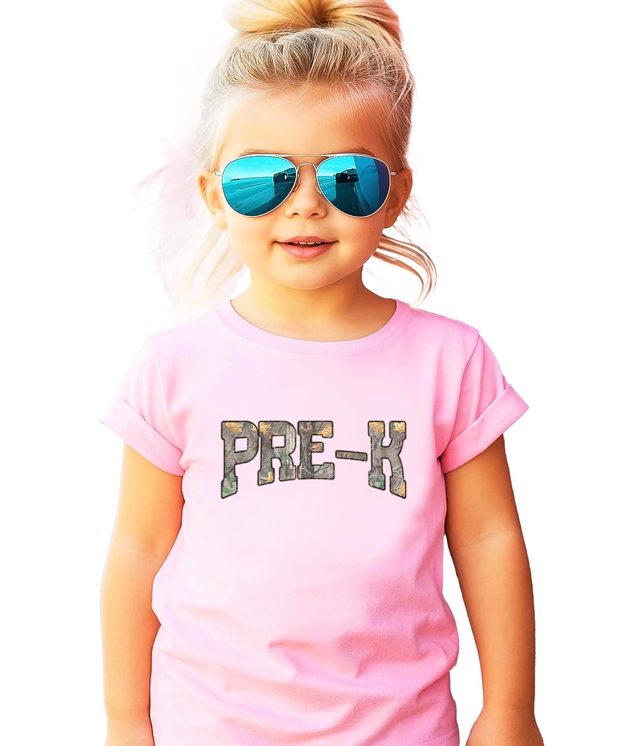 Close-up of PRE-K camo leaf letter print on soft cotton back-to-school tee