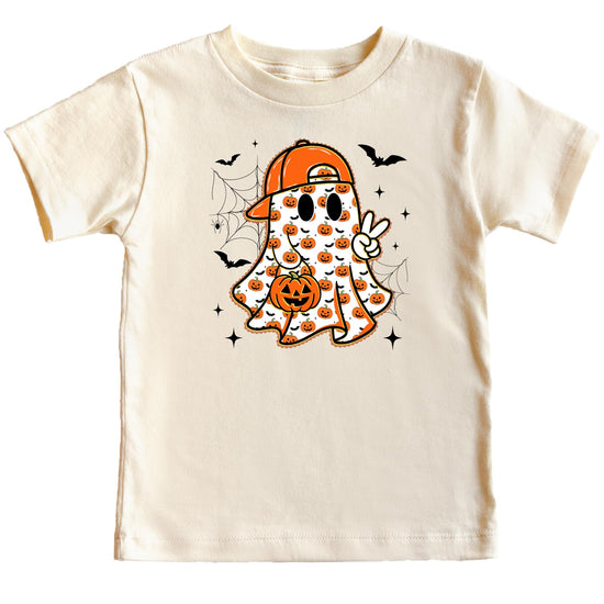 Toddler boys Halloween tee featuring ghost peace sign design with mini pumpkins and spider webs