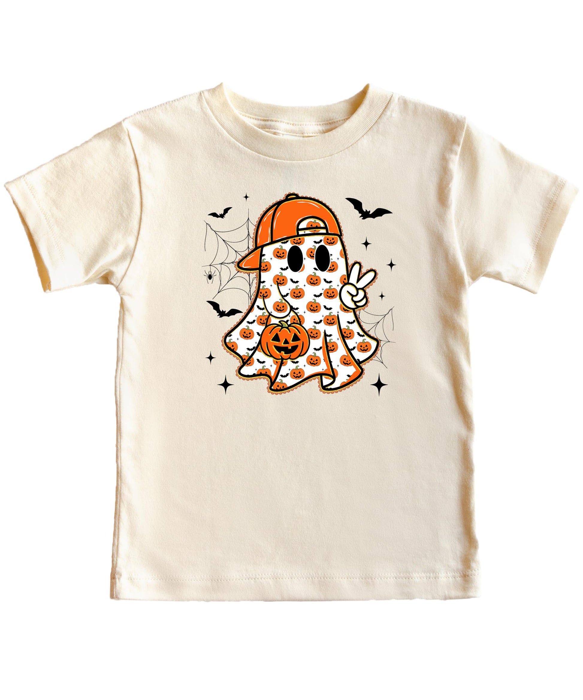 Toddler boys Halloween tee featuring ghost peace sign design with mini pumpkins and spider webs