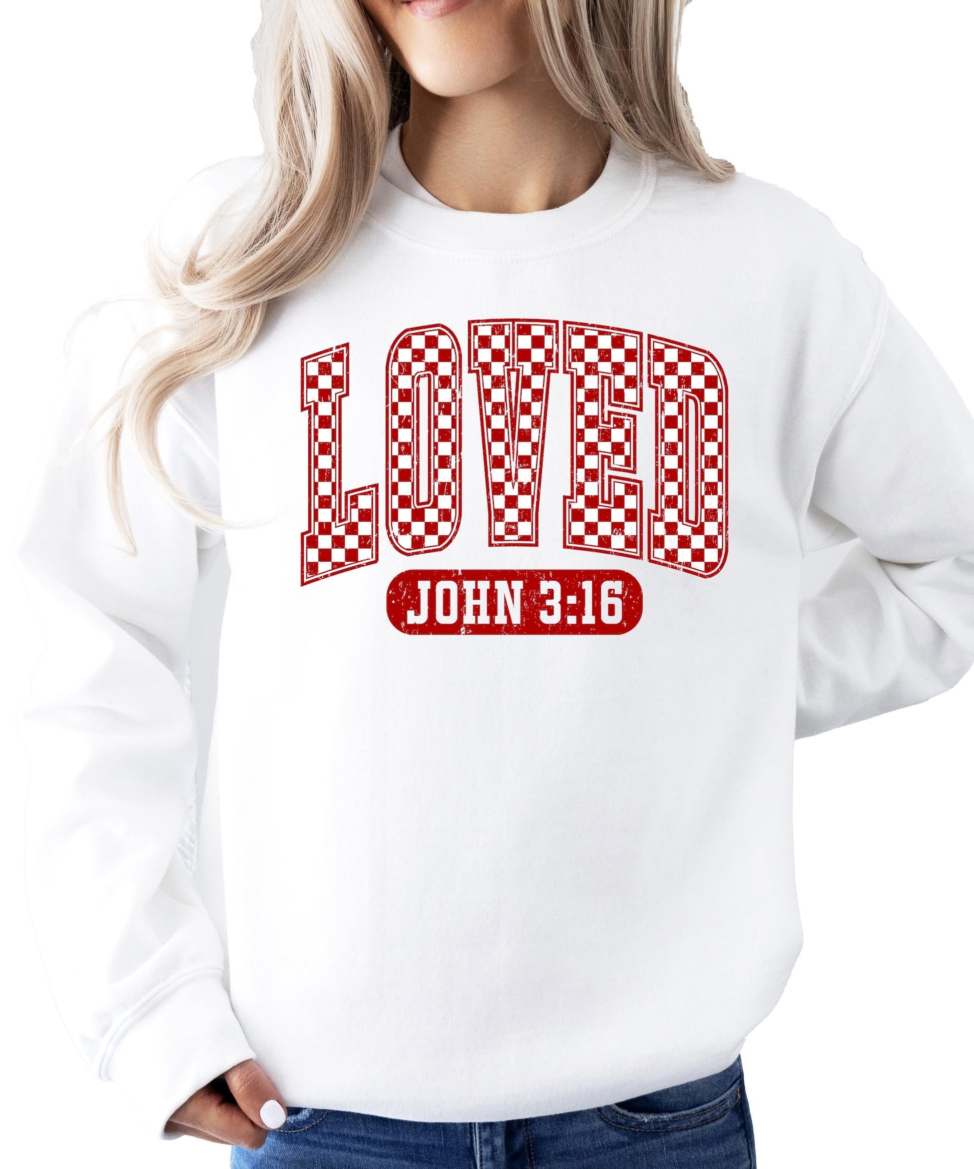 Close-up of Loved John 3:16 red checkered graphic print on a gray Valentine's sweatshirt