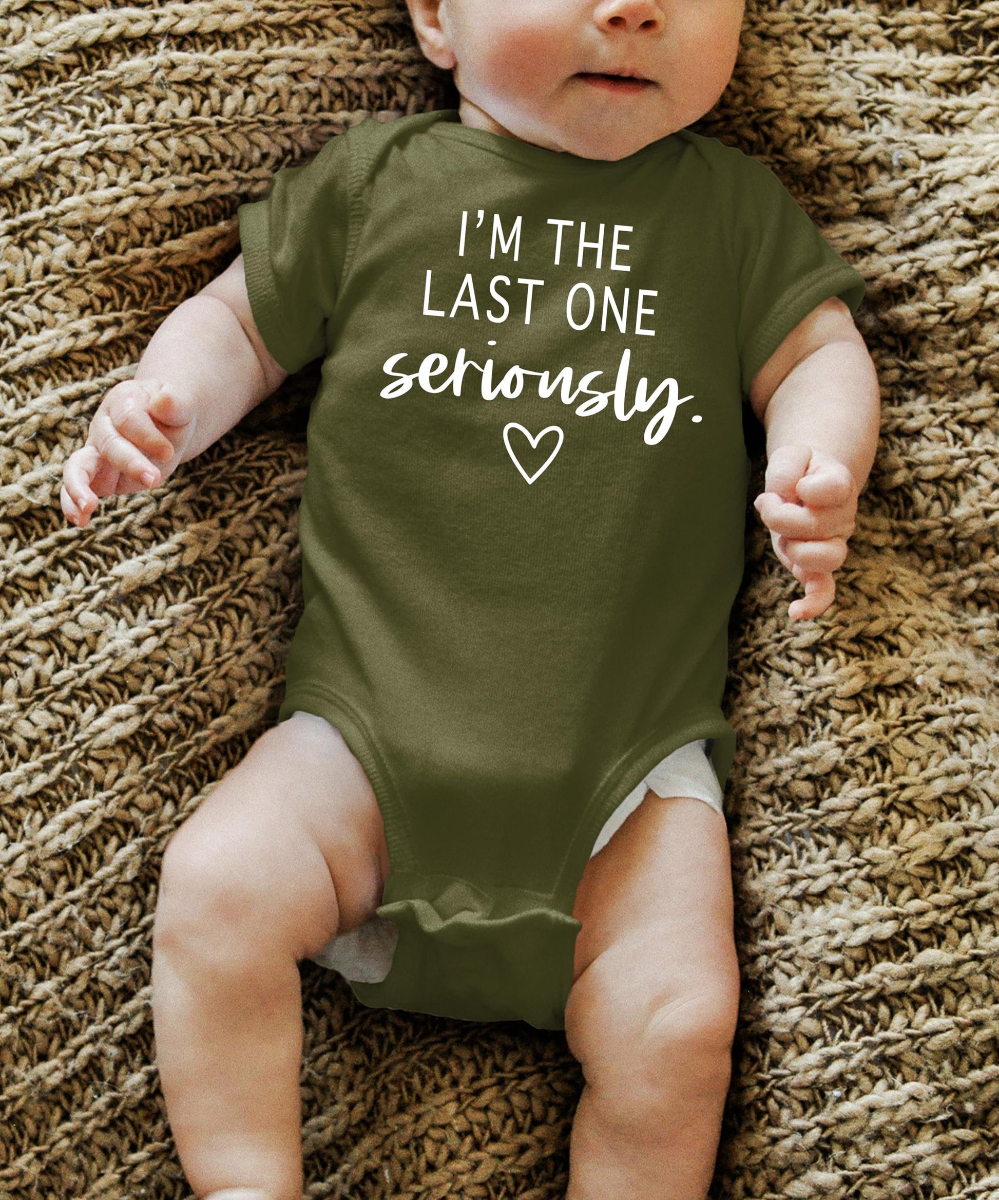 I'm The Last One Seriously baby bodysuit displayed as a gift idea for last-baby pregnancy reveal