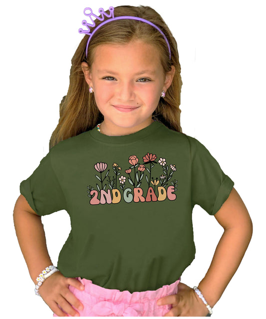 Front view of kids wildflower boho 2nd grade shirt in natural color