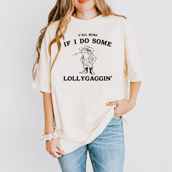 Detail shot of high-quality print on lollygaggin country toad meme shirt