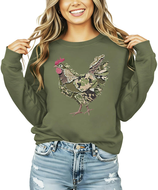Women's camo rooster pullover sweatshirt with ink-printed patchwork camouflage rooster graphic design